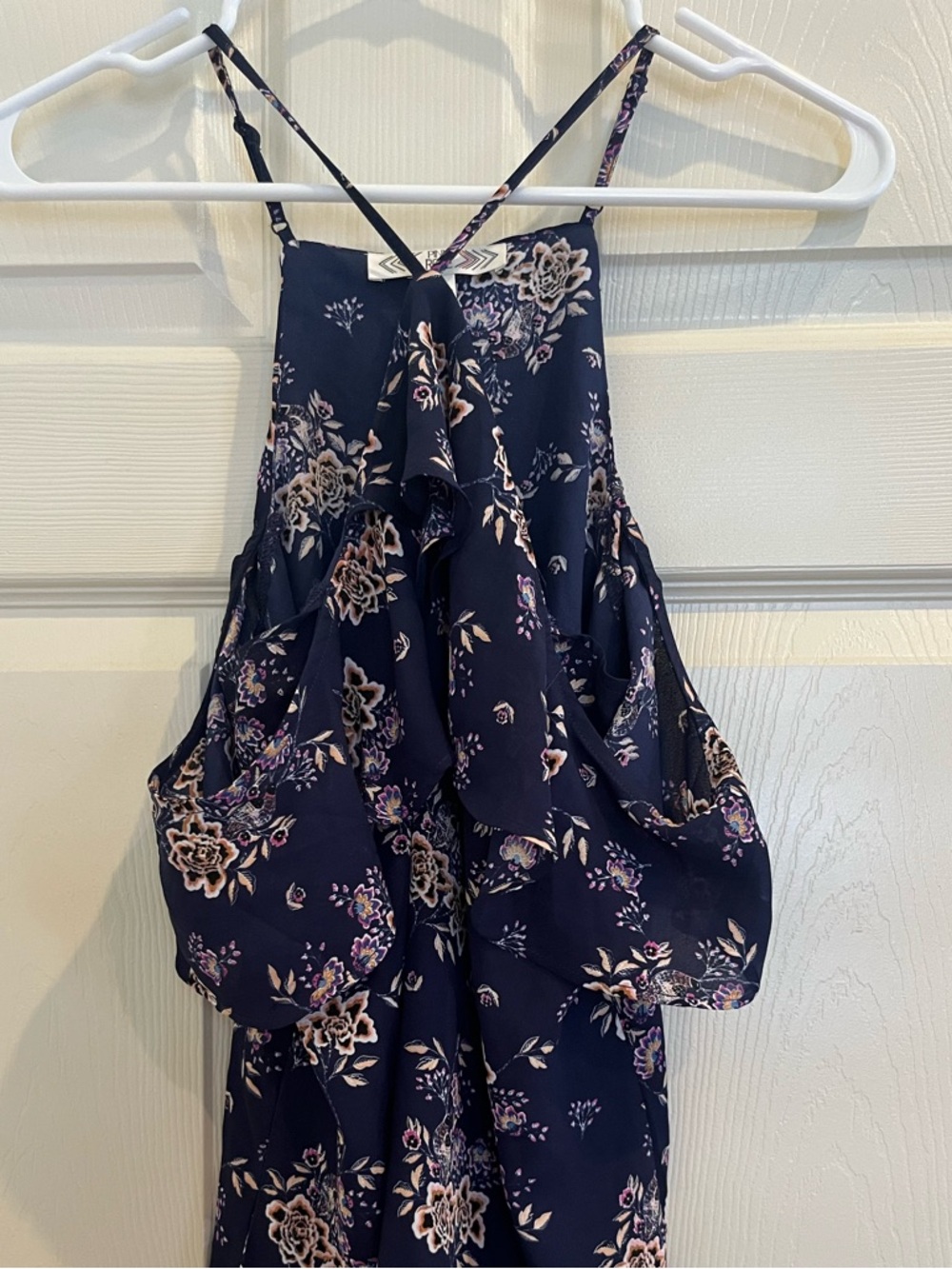 PINK ROSE Navy Floral Ruffle Halter Tank - Picture 3 of 6